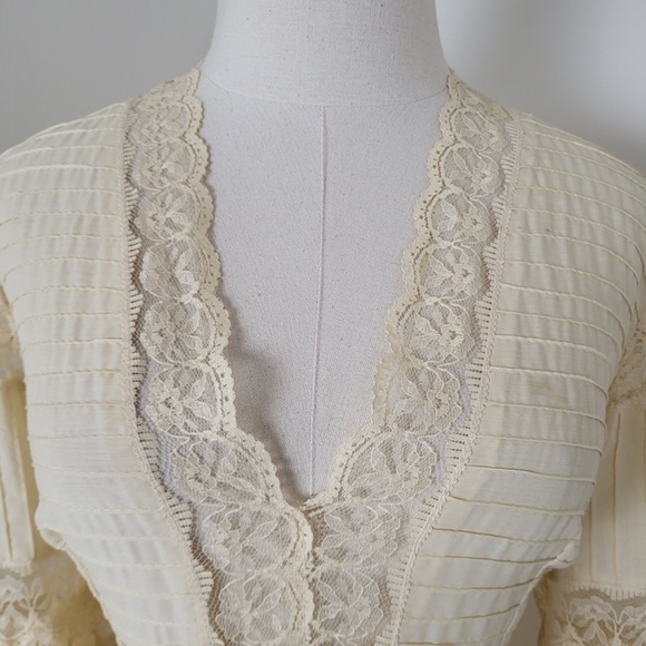 1970's Mexican Wedding Dress Cream Midi Long Sleeve Lace Pleats V-neck Tiered - Picture 10 of 16